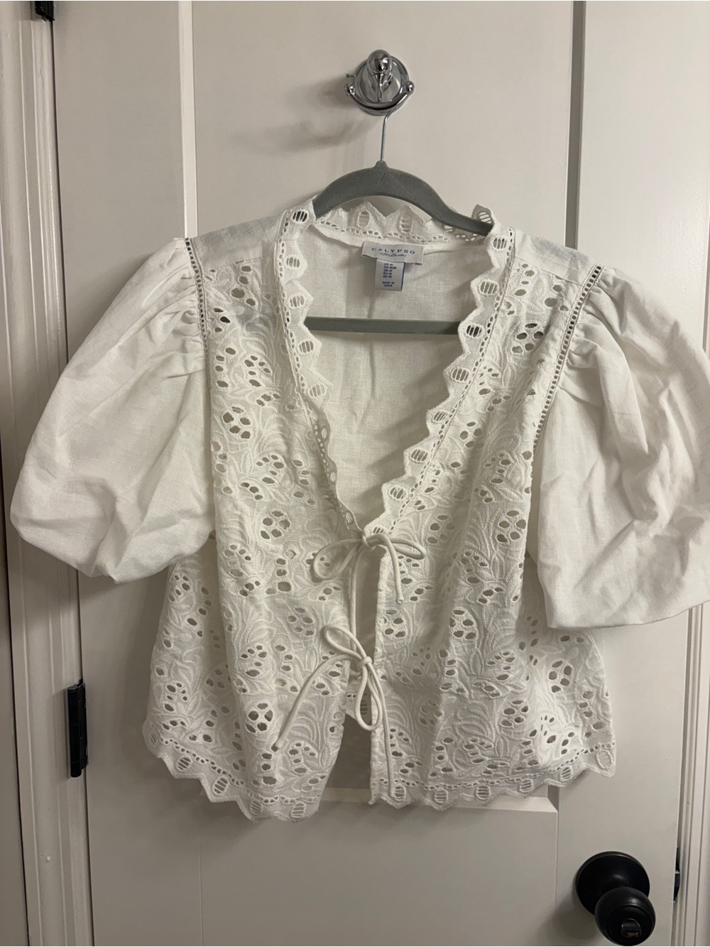 Calypso St. Barth White Eyelet Tie-Front Puff Sleeve Blouse